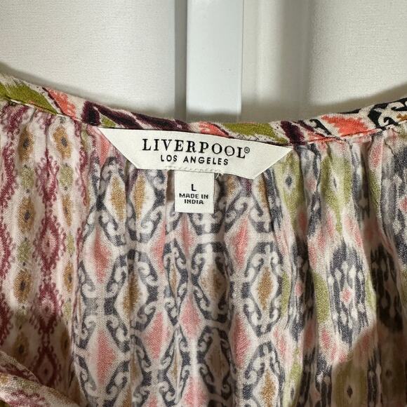 Liverpool Los Angeles Flutter Sleeve Woven Top Geo Patchwork Sz L Boho‎ Resort - Picture 2 of 7